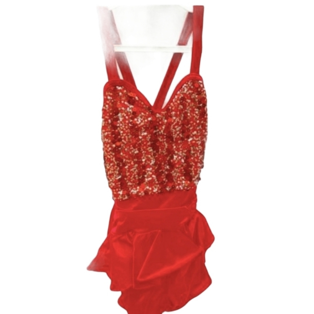 Weissman Solo Tap Jazz contemporary  leotard Costume size S red  sequin bow *